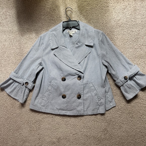Vintage A.M.I. Blue Pinstripes Short Trench Coat Size L Jacket  Buttons - Picture 1 of 11